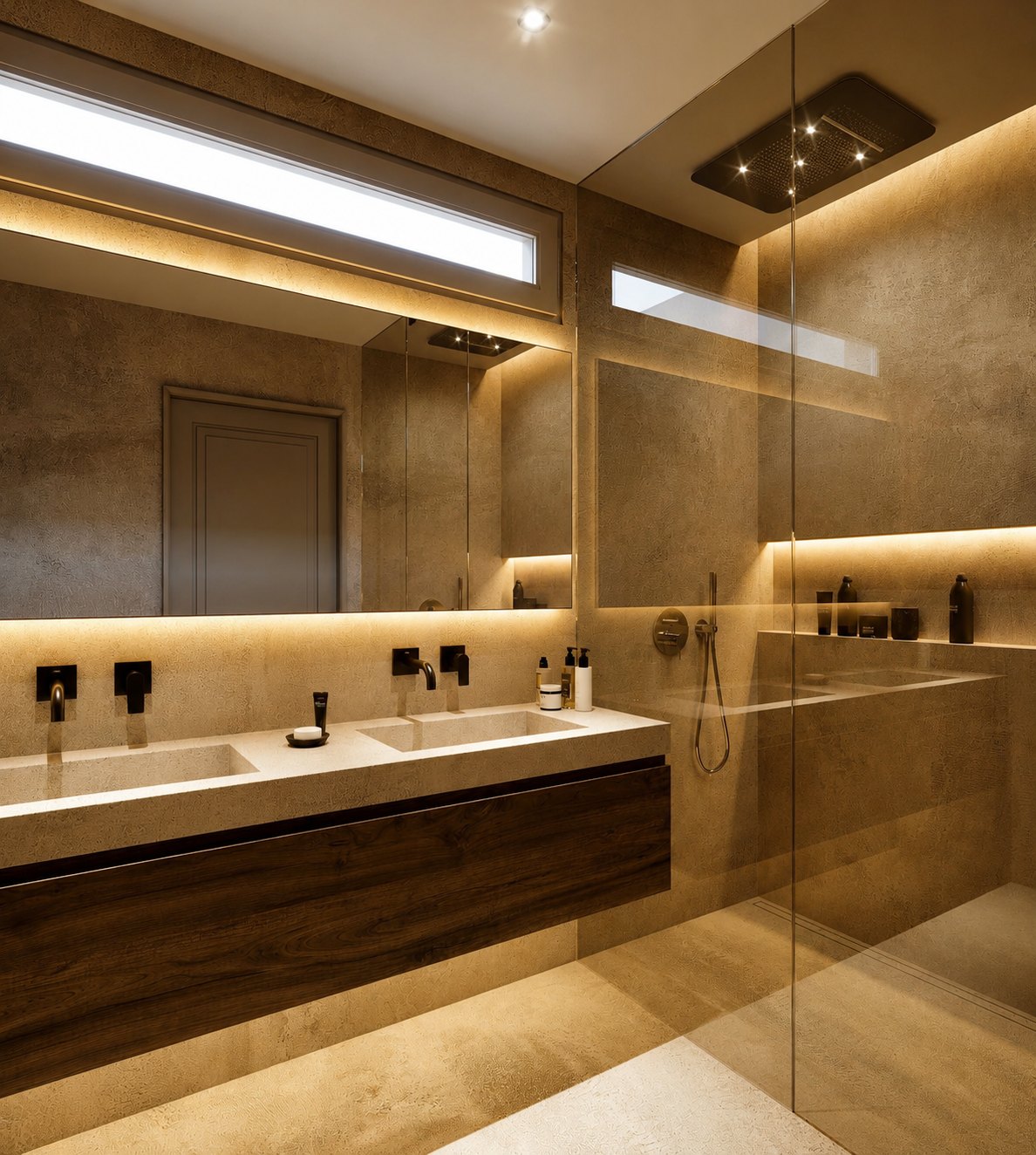 Baño de CasaKary con doble lavabo y ducha de cristal